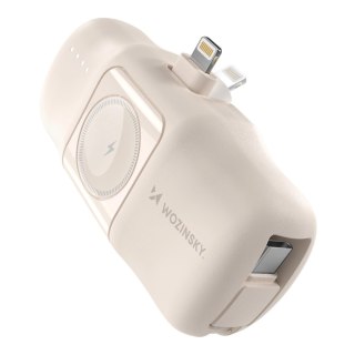 Mini powerbank Wozinsky WF16-YLS 5000mAh 15W Lightning z wbudowanym kablem USB-C i ładowarką do Apple Watch - beżowy