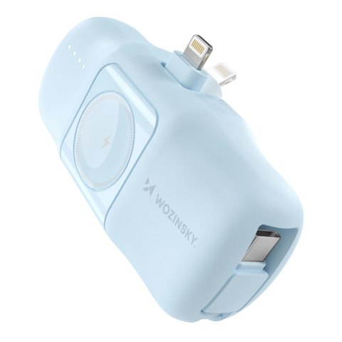 Mini powerbank Wozinsky WF16-YLS 5000mAh 15W Lightning z wbudowanym kablem USB-C i ładowarką do Apple Watch - niebieski Mini powerbank Wozinsky WF16-YLS 5000mAh 15W Lightning z wbudowanym kablem USB-C i ładowarką do Apple Watch - niebieski