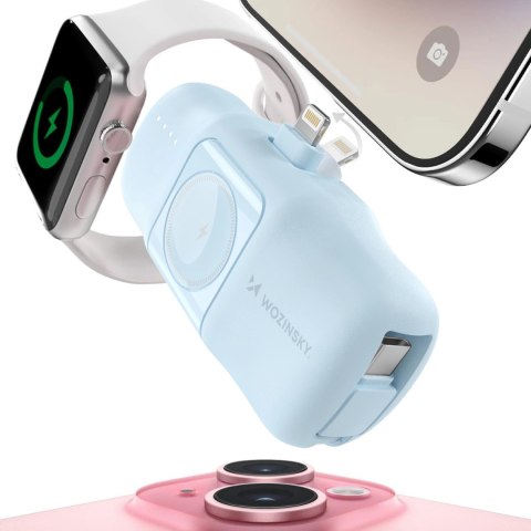 Mini powerbank Wozinsky WF16-YLS 5000mAh 15W Lightning z wbudowanym kablem USB-C i ładowarką do Apple Watch - niebieski Mini powerbank Wozinsky WF16-YLS 5000mAh 15W Lightning z wbudowanym kablem USB-C i ładowarką do Apple Watch - niebieski