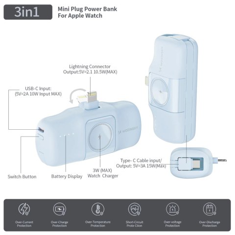 Mini powerbank Wozinsky WF16-YLS 5000mAh 15W Lightning z wbudowanym kablem USB-C i ładowarką do Apple Watch - niebieski Mini powerbank Wozinsky WF16-YLS 5000mAh 15W Lightning z wbudowanym kablem USB-C i ładowarką do Apple Watch - niebieski
