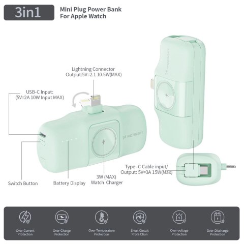 Mini powerbank Wozinsky WF16-YLS 5000mAh 15W Lightning z wbudowanym kablem USB-C i ładowarką do Apple Watch - zielony Mini powerbank Wozinsky WF16-YLS 5000mAh 15W Lightning z wbudowanym kablem USB-C i ładowarką do Apple Watch - zielony