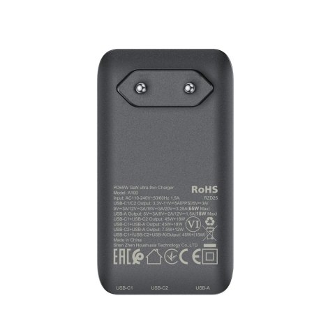 Ładowarka Acefast A100 65W GaN 2 USB-C+ USB-A ultra cienka - czarna