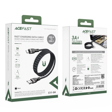 Kabel Acefast C11-04 USB-A - USB-C 3A 1,2 m w magnetycznym oplocie - czarny