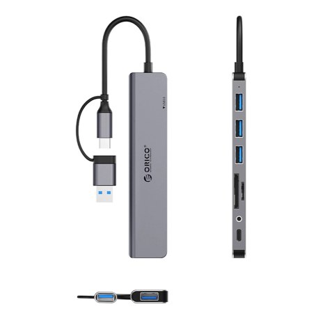 Hub USB-A/USB-C Orico YSA8-U3 stacja dokująca 3x USB-A 2.0 + 1x USB-A 3.0 + 1x USB-C 2.0 + 1x 3,5mm audio + 2x TF&SD - szary