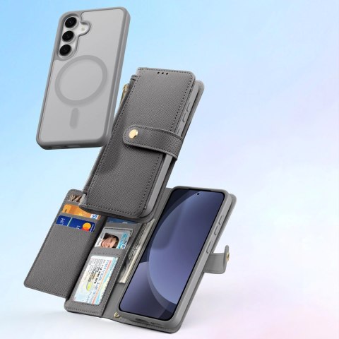 Etui skórzane Dux Ducis Lawa na Samsung Galaxy S25 z odłączanym portfelem magnetycznym - szare Etui skórzane Dux Ducis Lawa na Samsung Galaxy S25 z odłączanym portfelem magnetycznym - szare
