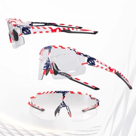 Okulary rowerowe Rockbros fotochromowe z ochroną UV i wkładką korekcyjną 14120008002 - wzór USA - białe Okulary rowerowe Rockbros fotochromowe z ochroną UV i wkładką korekcyjną 14120008002 - wzór USA - białe