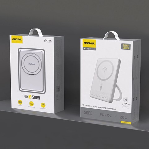 Powerbank Dudao K28 10000mAh PD 22.5W z MagSafe z metalową obudową i pierścieniem-podstawką - srebrny