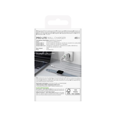 Ładowarka Puro Daily Prolite 45W USB-C USB-A Power Delivery z kablem USB-C - biała