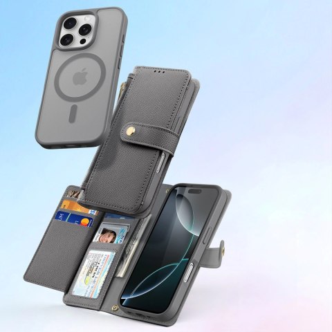 Etui skórzane Dux Ducis Lawa na iPhone 16 Pro z odłączanym portfelem magnetycznym - szare
