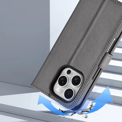 Etui skórzane Dux Ducis Lawa na iPhone 16 Pro z odłączanym portfelem magnetycznym - szare