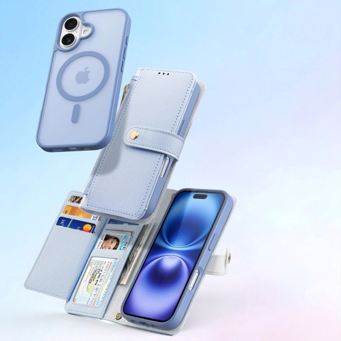 Etui skórzane Dux Ducis Lawa na iPhone 16 z odłączanym portfelem magnetycznym - błękitne Etui skórzane Dux Ducis Lawa na iPhone 16 z odłączanym portfelem magnetycznym - błękitne