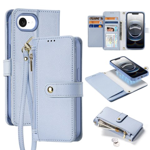 Etui skórzane Dux Ducis Lawa na iPhone 16e z odłączanym portfelem magnetycznym - błękitne Etui skórzane Dux Ducis Lawa na iPhone 16e z odłączanym portfelem magnetycznym - błękitne
