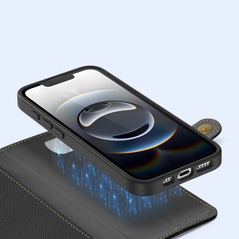 Etui skórzane Dux Ducis Lawa na iPhone 16e z odłączanym portfelem magnetycznym - czarne Etui skórzane Dux Ducis Lawa na iPhone 16e z odłączanym portfelem magnetycznym - czarne