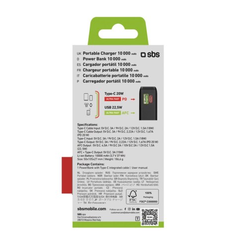 Powerbank SBS 10000 mAh 20W z wbudowanym kablem USB-C i wyświetlaczem cyfrowym - czarny Powerbank SBS 10000 mAh 20W z wbudowanym kablem USB-C i wyświetlaczem cyfrowym - czarny