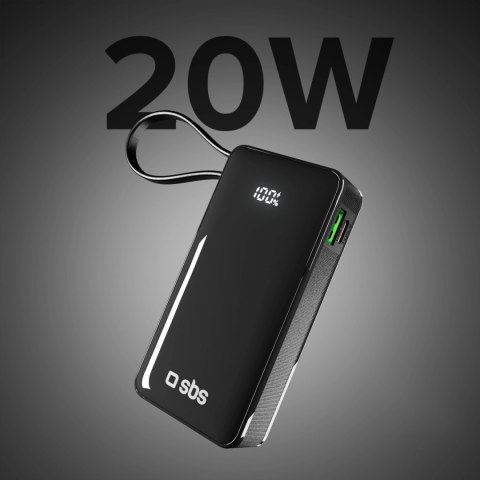 Powerbank SBS 10000 mAh 20W z wbudowanym kablem USB-C i wyświetlaczem cyfrowym - czarny Powerbank SBS 10000 mAh 20W z wbudowanym kablem USB-C i wyświetlaczem cyfrowym - czarny