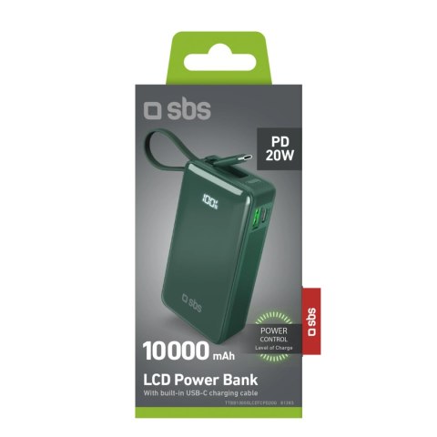 Powerbank SBS 10000 mAh 20W z wbudowanym kablem USB-C i wyświetlaczem cyfrowym - zielony