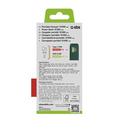 Powerbank SBS 10000 mAh 20W z wbudowanym kablem USB-C i wyświetlaczem cyfrowym - zielony