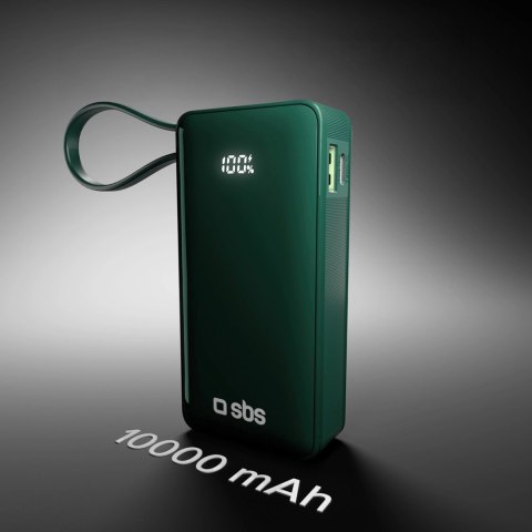 Powerbank SBS 10000 mAh 20W z wbudowanym kablem USB-C i wyświetlaczem cyfrowym - zielony