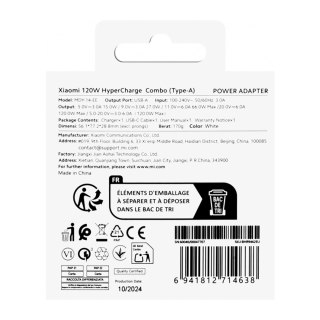 Ładowarka sieciowa Xiaomi BHR9462EU 120W 6A USB-A z kablem USB-C - biała