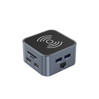 Hub USB-C 12 w 1 Wozinsky WHBC09Y8S wielofunkcyjny,z funkcją ładowania bezprzewodowego, aluminiowy, z kablem 15 cm - szary