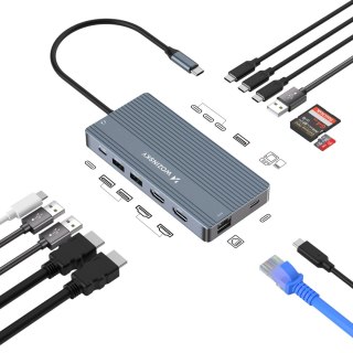 Hub USB-C 14 w 1 Wozinsky WDS03Y5S wielofunkcyjny, aluminiowy, do 3 monitorów, z kablem 15 cm - szary