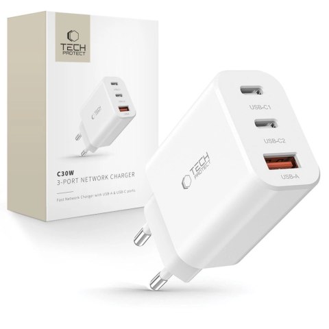 Ładowarka Tech-Protect NC30W sieciowa 2x USB-C PD 30W / USB-A QC 3.0 - biała Ładowarka Tech-Protect NC30W sieciowa 2x USB-C PD 30W / USB-A QC 3.0 - biała