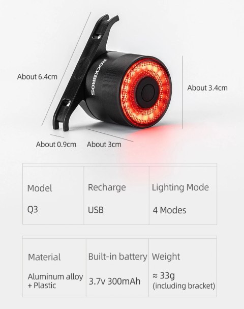 Lampa rowerowa Rockbros Q3 tylna z inteligentnym systemem stop - czarna