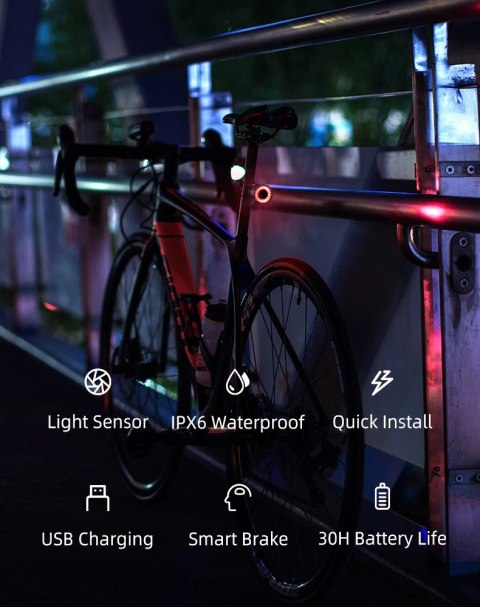 Lampa rowerowa Rockbros Q3 tylna z inteligentnym systemem stop - czarna