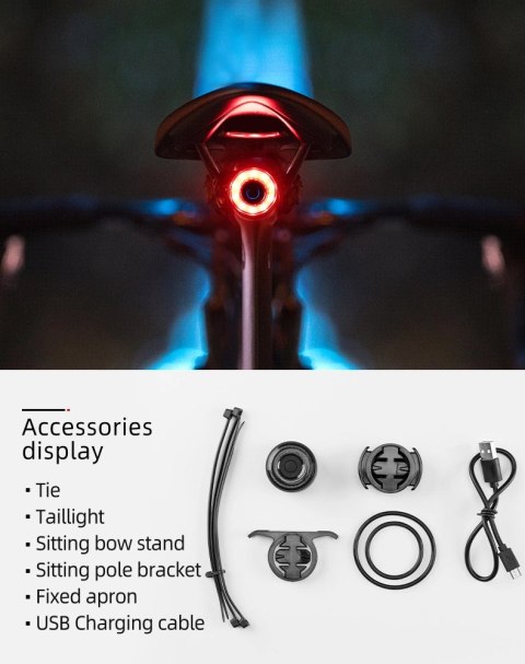 Lampa rowerowa Rockbros Q3 tylna z inteligentnym systemem stop - czarna