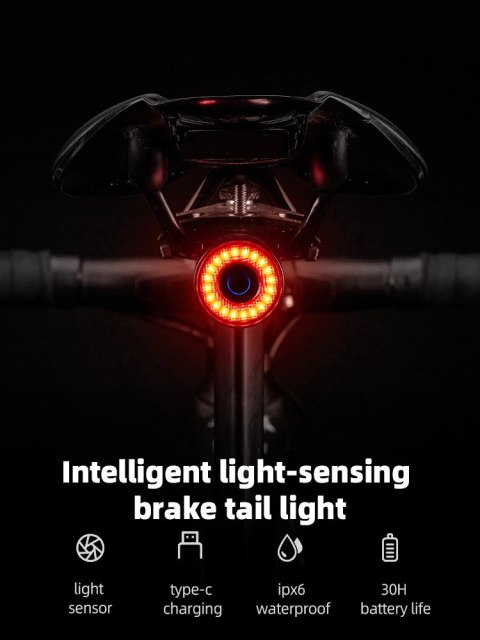 Lampa rowerowa Rockbros Q3 tylna z inteligentnym systemem stop - czarna