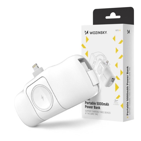 Mini powerbank Wozinsky WF16-YLS 5000mAh 15W Lightning z wbudowanym kablem USB-C i ładowarką do Apple Watch - biały Mini powerbank Wozinsky WF16-YLS 5000mAh 15W Lightning z wbudowanym kablem USB-C i ładowarką do Apple Watch - biały