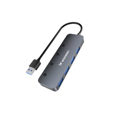 Hub USB-A Wozinsky WHS080YSS 4 x USB-A 3.0 z indywidualnymi włącznikami, aluminowy, z kablem 15 cm - szary