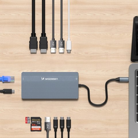 Hub USB-C 14 w 1 Wozinsky WDS03Y5S wielofunkcyjny, aluminiowy, do 3 monitorów, z kablem 15 cm - szary Hub USB-C 14 w 1 Wozinsky WDS03Y5S wielofunkcyjny, aluminiowy, do 3 monitorów, z kablem 15 cm - szary