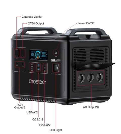 Choetech przenośna stacja zasilania LiFePO4 1997Wh 2000W powerbank czarny (BS006 Super Mini)