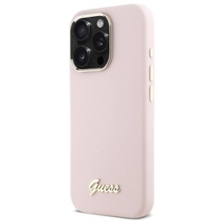 Etui Guess Silicone Script Metal Logo & Frame na iPhone 16 Pro - różowe