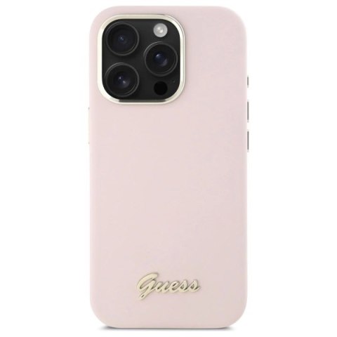 Etui Guess Silicone Script Metal Logo & Frame na iPhone 16 Pro - różowe Etui Guess Silicone Script Metal Logo & Frame na iPhone 16 Pro - różowe