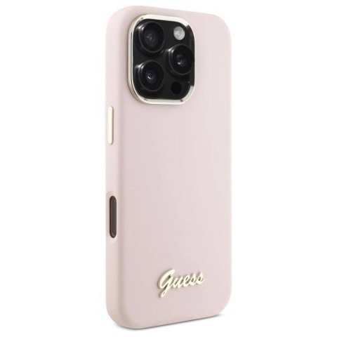 Etui Guess Silicone Script Metal Logo & Frame na iPhone 16 Pro - różowe Etui Guess Silicone Script Metal Logo & Frame na iPhone 16 Pro - różowe