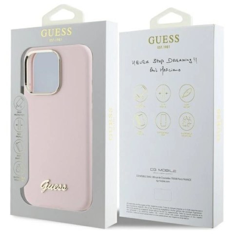Etui Guess Silicone Script Metal Logo & Frame na iPhone 16 Pro - różowe Etui Guess Silicone Script Metal Logo & Frame na iPhone 16 Pro - różowe