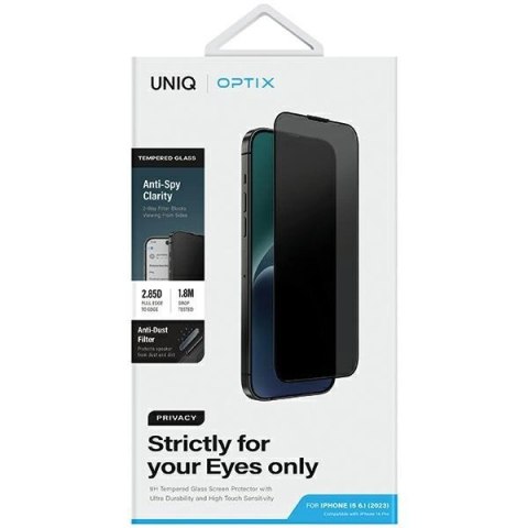 Szkło UNIQ Optix Privacy hartowane prywatyzujące na iPhone 15 / 14 Pro z aplikatorem Szkło UNIQ Optix Privacy hartowane prywatyzujące na iPhone 15 / 14 Pro z aplikatorem