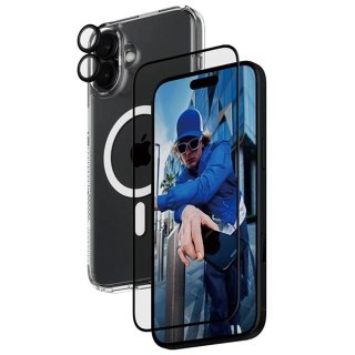 Zestaw PanzerGlass Bundle 3in1 etui przezroczyste + folia + szkło na aparat na iPhone 16 Plus
