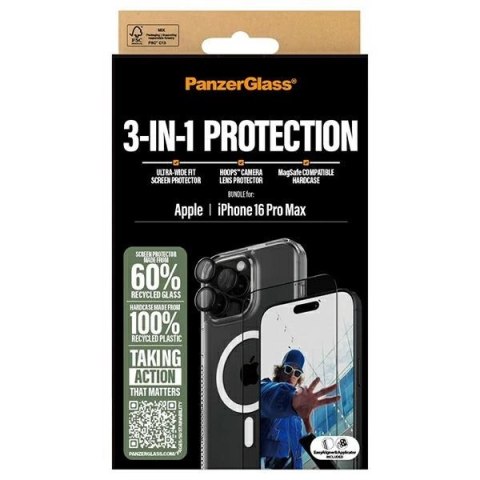 Zestaw PanzerGlass Bundle 3in1 etui przezroczyste + folia + szkło na aparat na iPhone 16 Pro Max