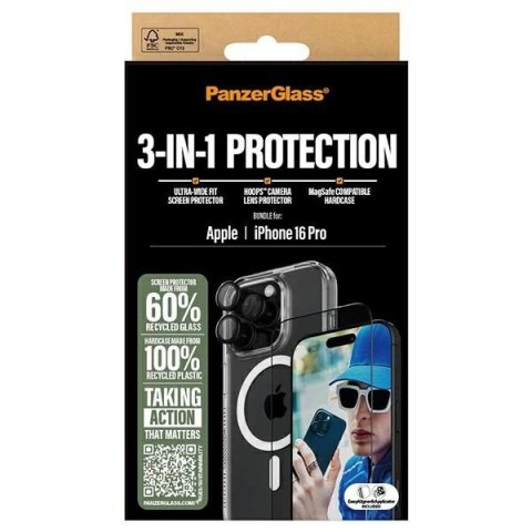 Zestaw PanzerGlass Bundle 3in1 etui przezroczyste + folia + szkło na aparat na iPhone 16 Pro