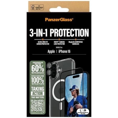 Zestaw PanzerGlass Bundle 3in1 etui przezroczyste + folia + szkło na aparat na iPhone 16