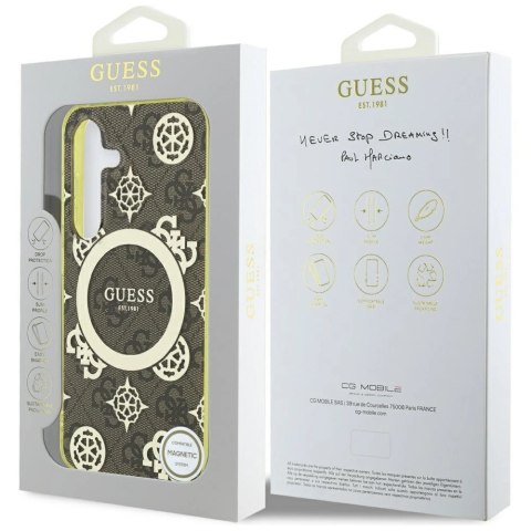 Etui Guess 4G Background Gold Electroplated Peony Pattern MagSafe do Samsung Galaxy S25 brązowy