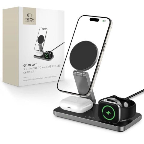 Ładowarka indukcyjna Tech-Protect QI15W-A47 MagSafe 3w1 + kabel USB-C - czarna Ładowarka indukcyjna Tech-Protect QI15W-A47 MagSafe 3w1 + kabel USB-C - czarna