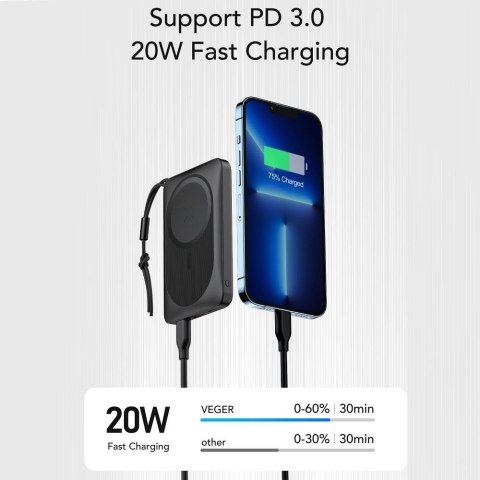 VEGER powerbank 10000 mAh z ładowaniem indukcyjnym kompatybilny z MagSafe PD QC3.0 2A 20W MagOn (VP1151 / W1151) biały VEGER powerbank 10000 mAh z ładowaniem indukcyjnym kompatybilny z MagSafe PD QC3.0 2A 20W MagOn (VP1151 / W1151) biały