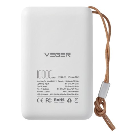 VEGER powerbank 10000 mAh z ładowaniem indukcyjnym kompatybilny z MagSafe PD QC3.0 2A 20W MagOn (VP1151 / W1151) biały VEGER powerbank 10000 mAh z ładowaniem indukcyjnym kompatybilny z MagSafe PD QC3.0 2A 20W MagOn (VP1151 / W1151) biały