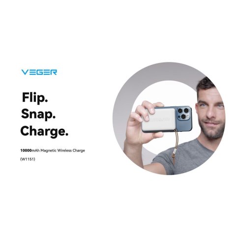 VEGER powerbank 10000 mAh z ładowaniem indukcyjnym kompatybilny z MagSafe PD QC3.0 2A 20W MagOn (VP1151 / W1151) biały VEGER powerbank 10000 mAh z ładowaniem indukcyjnym kompatybilny z MagSafe PD QC3.0 2A 20W MagOn (VP1151 / W1151) biały