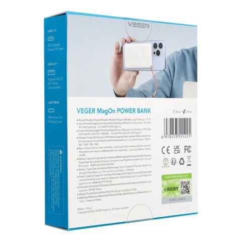 VEGER powerbank 10000 mAh z ładowaniem indukcyjnym kompatybilny z MagSafe PD QC3.0 2A 20W MagOn (VP1151 / W1151) biały VEGER powerbank 10000 mAh z ładowaniem indukcyjnym kompatybilny z MagSafe PD QC3.0 2A 20W MagOn (VP1151 / W1151) biały