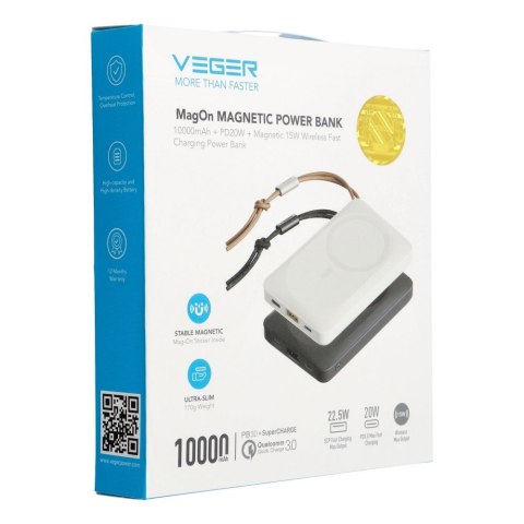 VEGER powerbank 10000 mAh z ładowaniem indukcyjnym kompatybilny z MagSafe PD QC3.0 2A 20W MagOn (VP1151 / W1151) biały VEGER powerbank 10000 mAh z ładowaniem indukcyjnym kompatybilny z MagSafe PD QC3.0 2A 20W MagOn (VP1151 / W1151) biały
